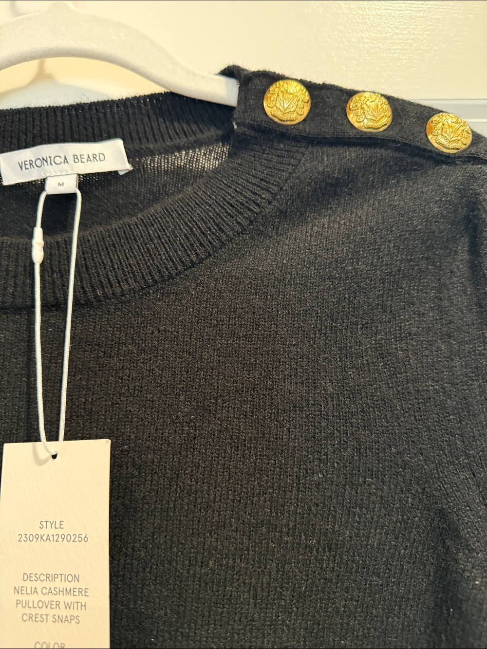 Veronica Beard Black Crewneck Cashmere Sweater with Gold Shoulder Buttons - Picture 2 of 3